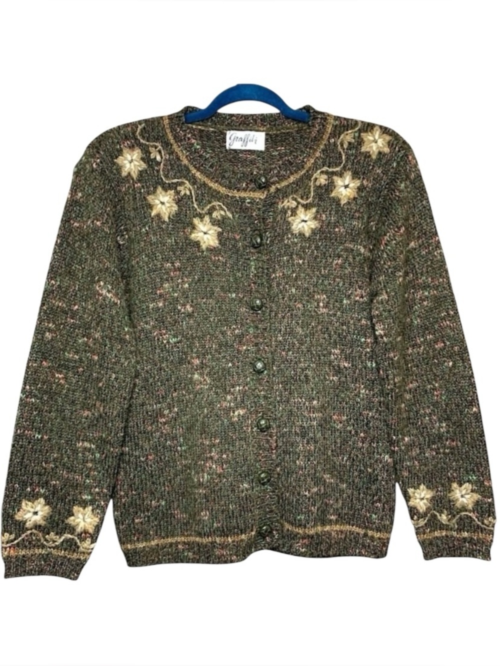 Vintage 90 Green Knit Cardigan Sweater Wool Blend Floral Embroidered S Cottage